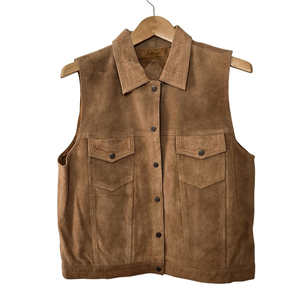 Vintage Agapo Leather Vest Womens 1X Brown Western Boho Snap Front Genuine...‎